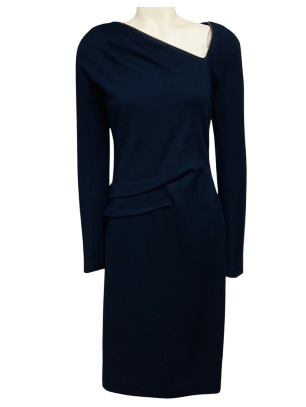 J. MENDEL NAVY BLUE / BLACK LAMB LEATHER TRIMMED CASHMERE MIDI DRESS